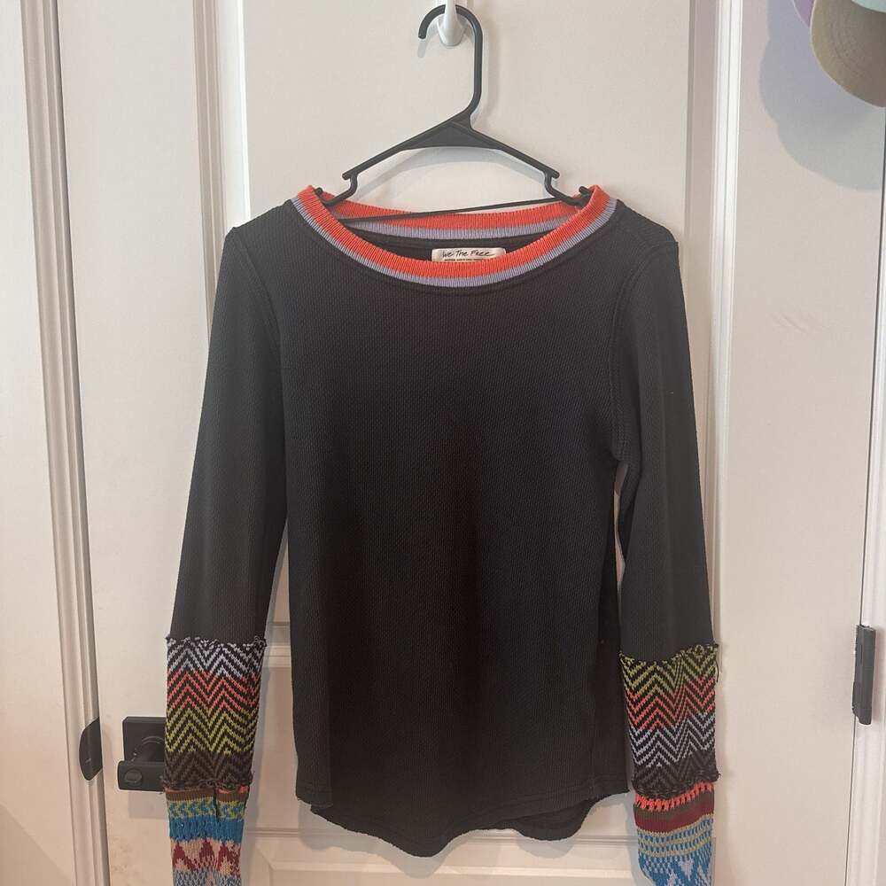 Free People "We The Free" Women's Black Crochet Cuff Thermal Long Sleeve Top